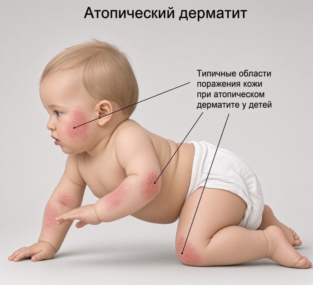 Типичные области поражения кожи при атопическом дерматите у детей